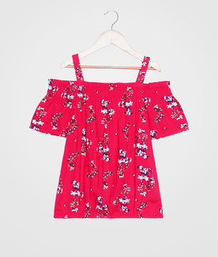 Girls Cold Shoulder Top in Red Printed Rayon