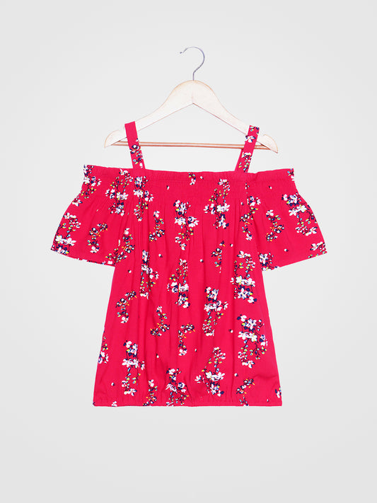 Girls Cold Shoulder Top in Red Printed Rayon