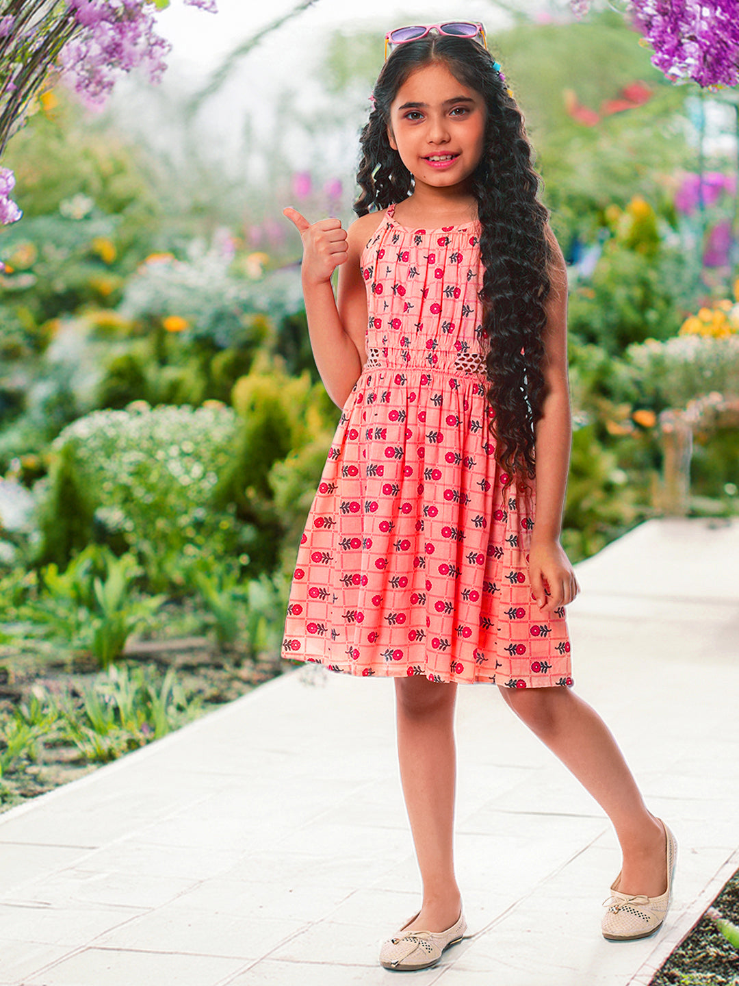 Girls Printed Cotton Dress in Peach Color