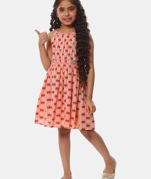 Girls Printed Cotton Dress in Peach Color