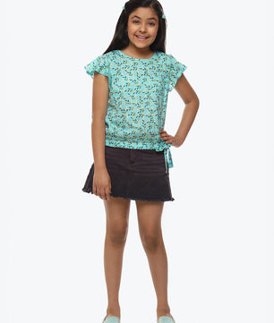 Girls Blue Printed Cotton Top