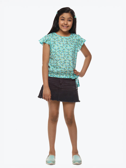 Girls Blue Printed Cotton Top