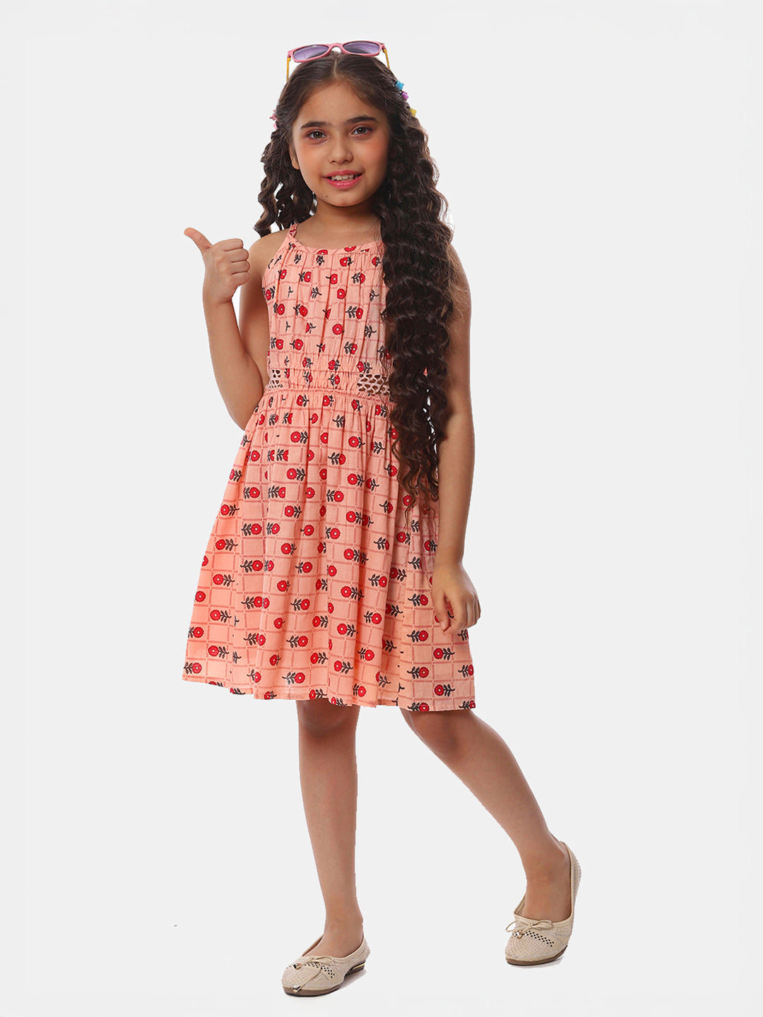 Girls Printed Cotton Dress in Peach Color