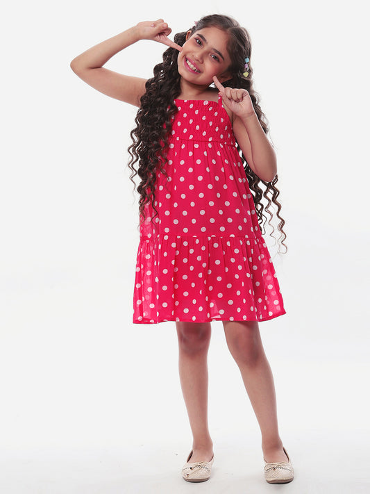 Girls Pink Polka Dotted Tiered Dress
