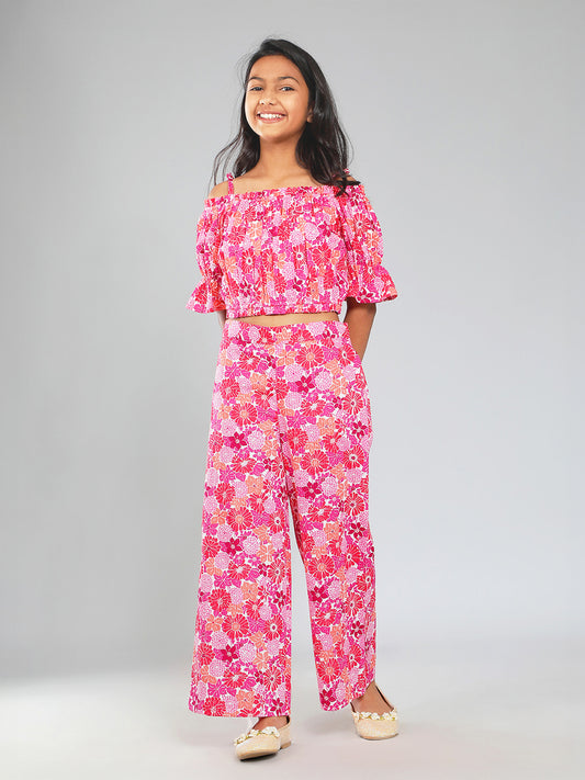 Girls Multicolored Printed Cotton Top and Palazzo Set