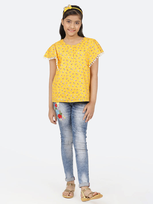 Girls Yellow Printed Cotton Top