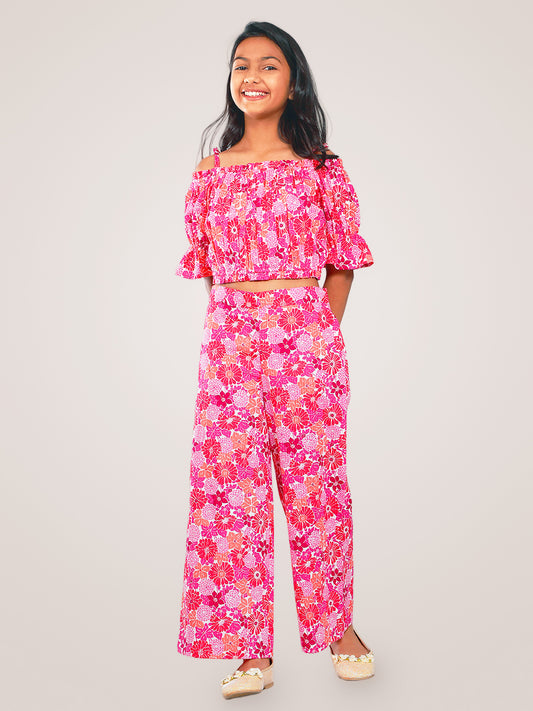 Girls Multicolored Printed Cotton Top and Palazzo Set