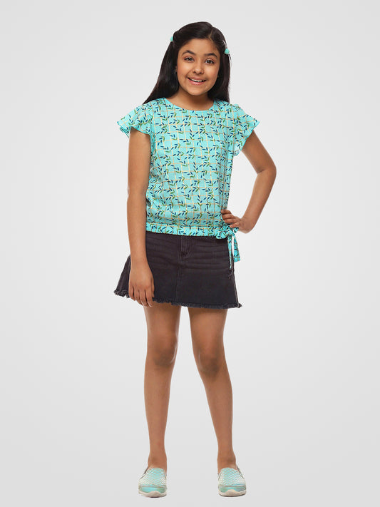 Girls Blue Printed Cotton Top