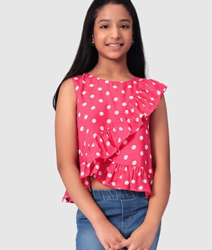 Girls Pink Polka Dotted Georgette Top