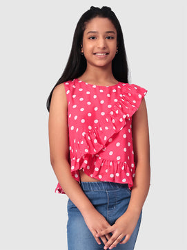 Girls Pink Polka Dotted Georgette Top