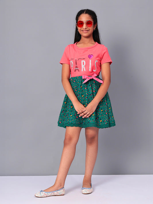 Girls Green Printed Flared Skirt