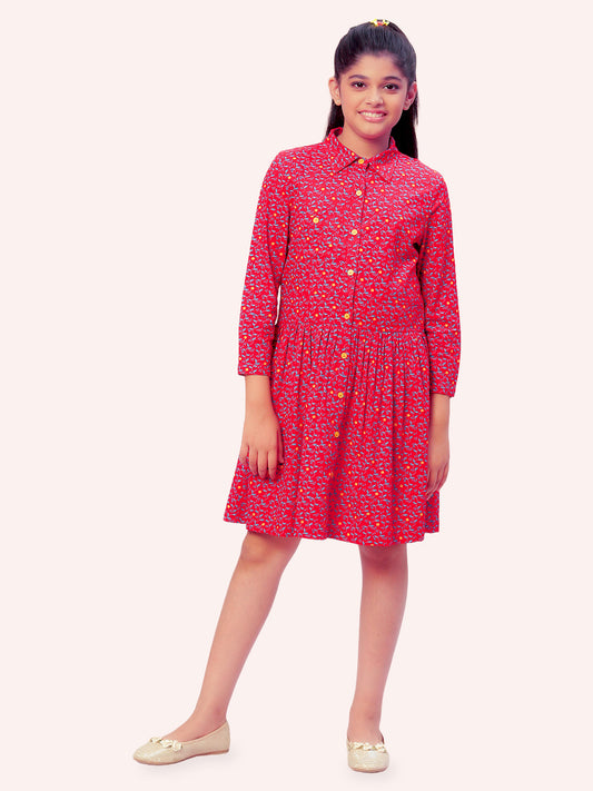 Girls Shirt Style Long Sleeves Dress in Rayon