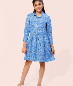 Girls Shirt Style Long Sleeves Dress in Cotton Twill