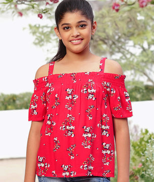 Girls Cold Shoulder Top in Red Printed Rayon
