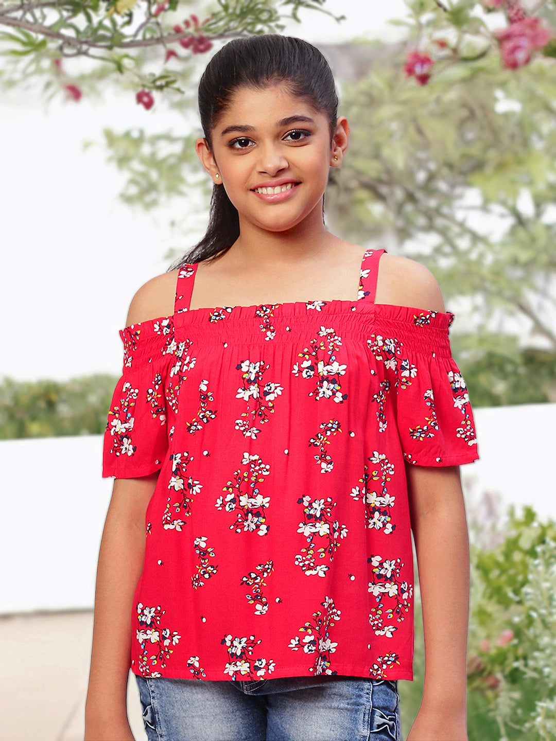 Girls Cold Shoulder Top in Red Printed Rayon