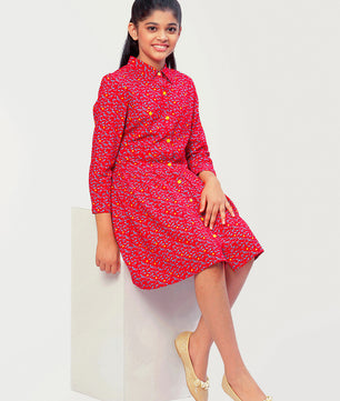 Girls Shirt Style Long Sleeves Dress in Rayon