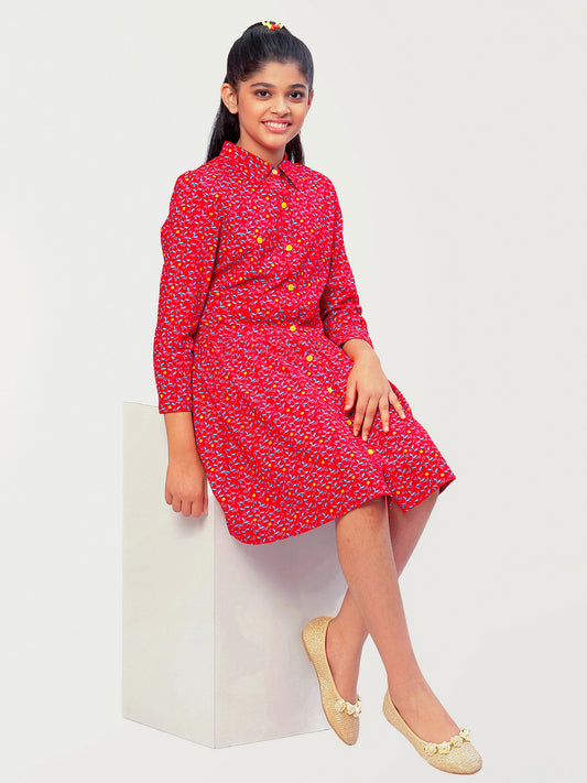 Girls Shirt Style Long Sleeves Dress in Rayon
