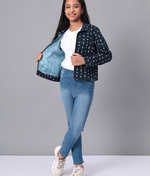 Girls Navy Blue Printed Flannel Jacket