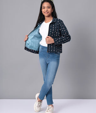 Girls Navy Blue Printed Flannel Jacket