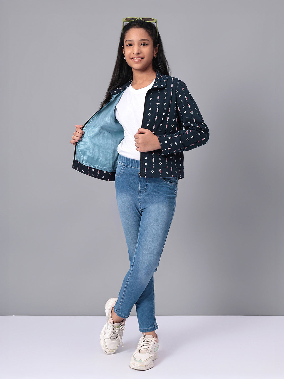 Girls Navy Blue Printed Flannel Jacket