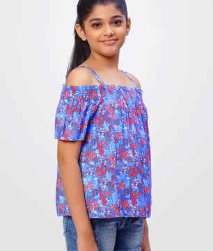 Girls Cold Shoulder Top in Blue Printed Rayon