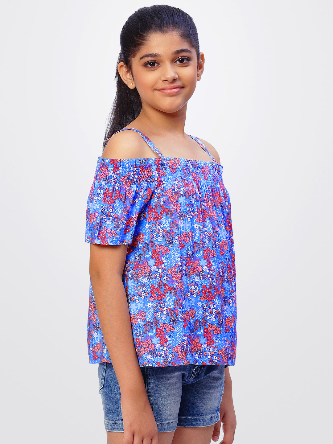 Girls Cold Shoulder Top in Blue Printed Rayon