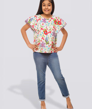 Girls Floral Print Cotton Top