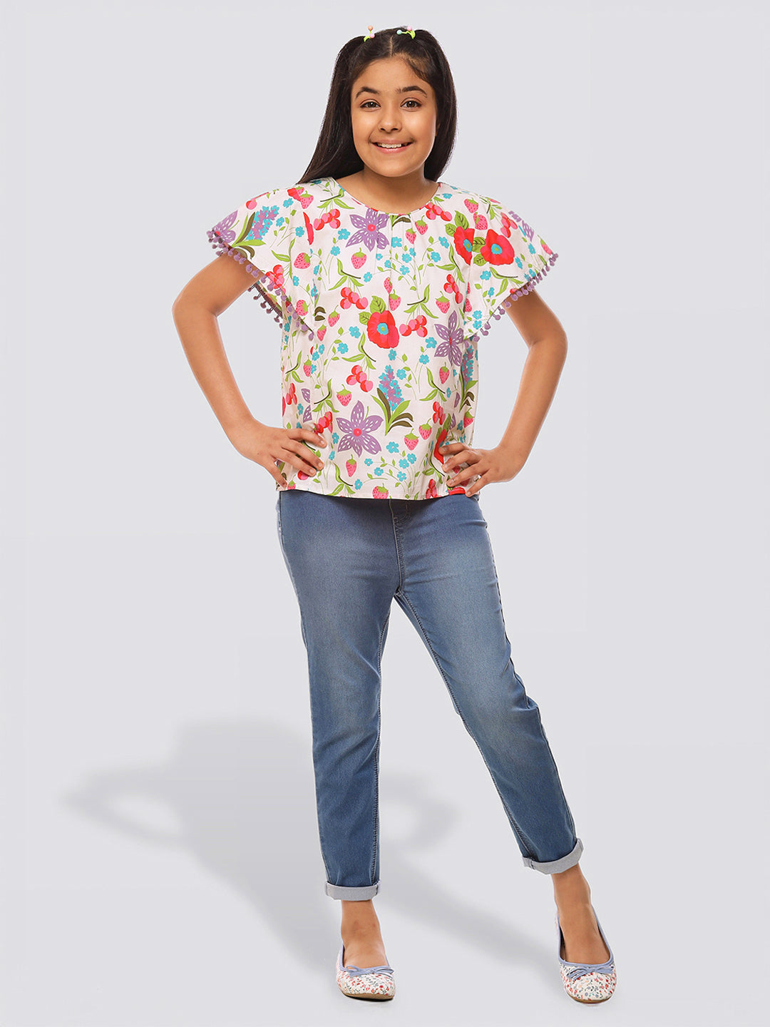 Girls Floral Print Cotton Top
