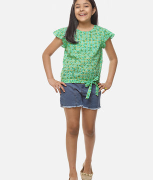 Girls Sea Green Printed Cotton