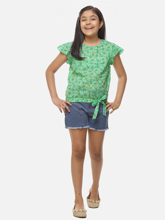 Girls Sea Green Printed Cotton