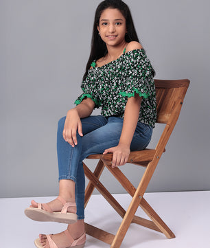 Girls Bardot Top in Green and Black Printed Rayon