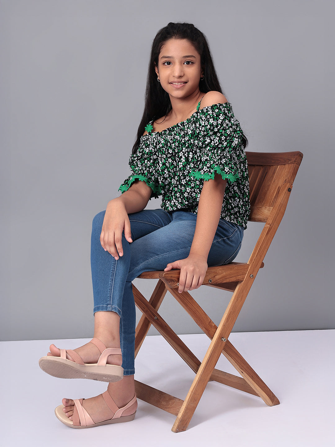 Girls Bardot Top in Green and Black Printed Rayon