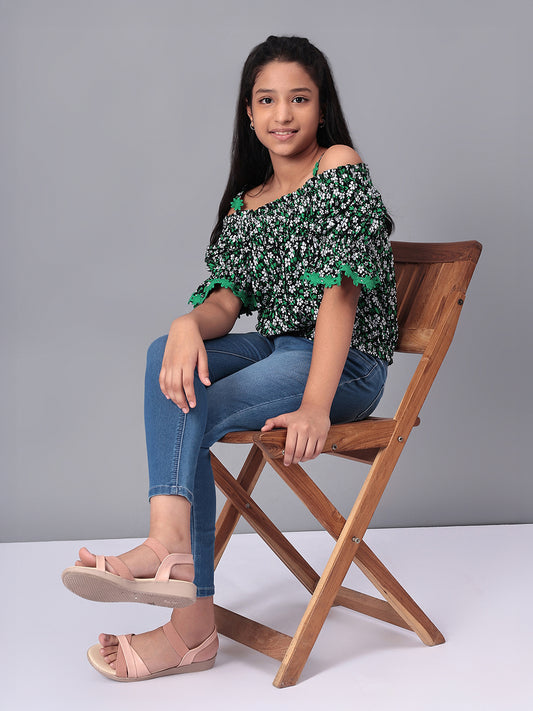 Girls Bardot Top in Green and Black Printed Rayon