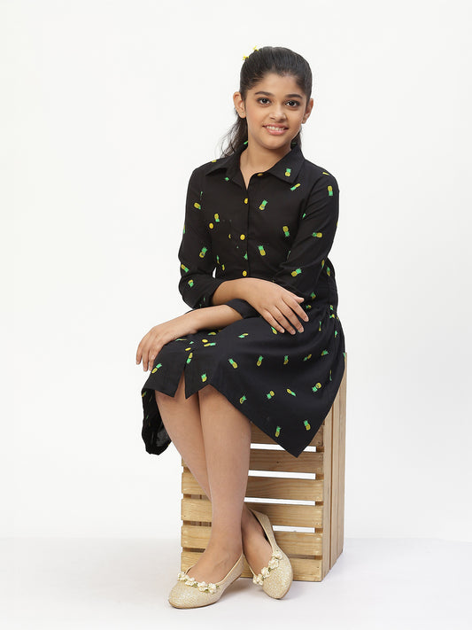 Girls Shirt Style Long Sleeves Dress in Cotton