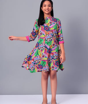 Girls Multicolored Printed Rayon Dress