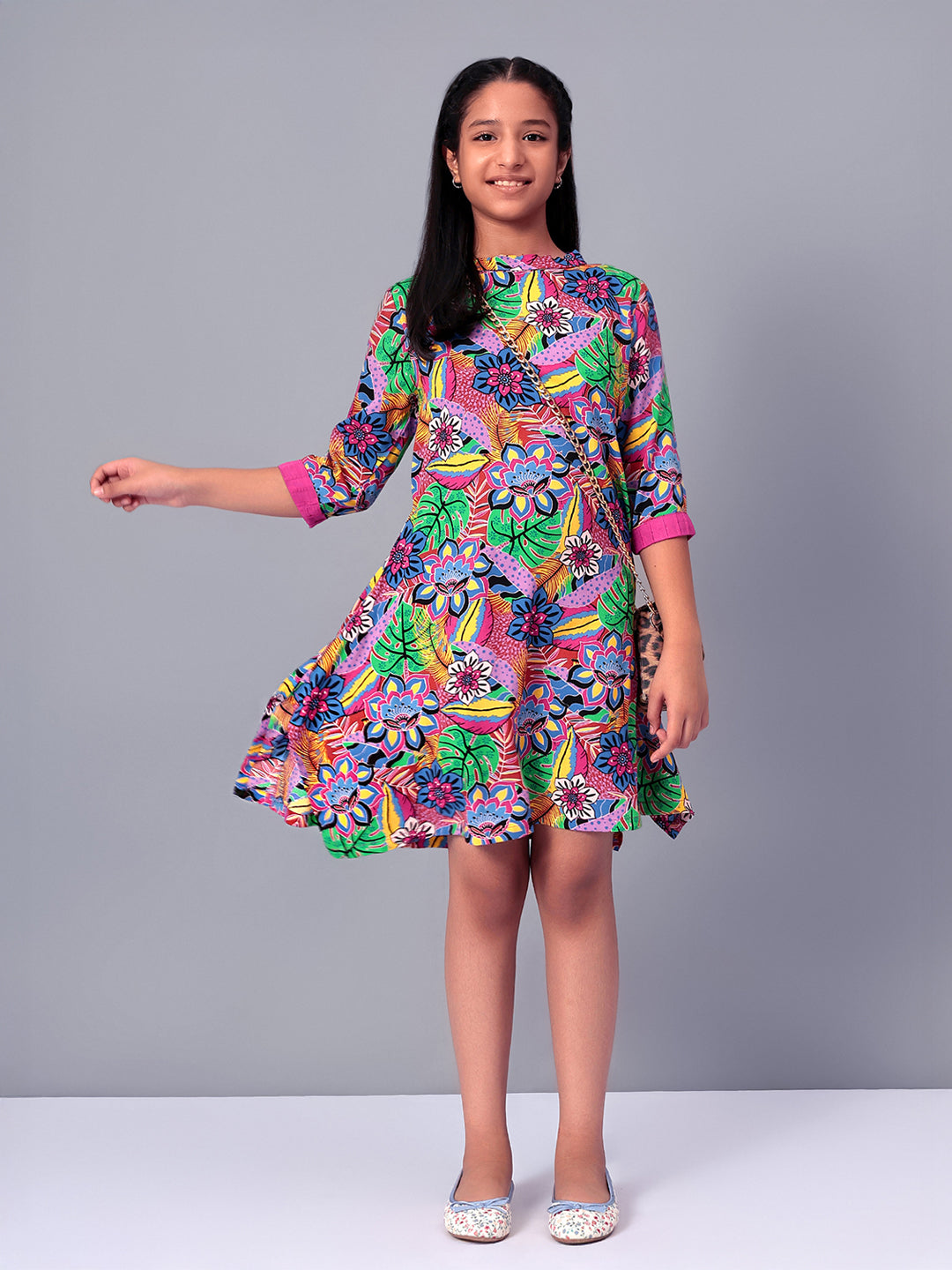 Girls Multicolored Printed Rayon Dress