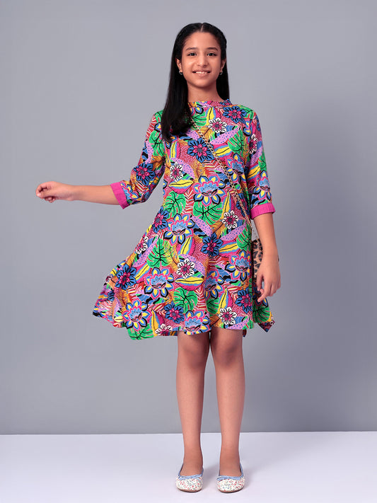 Girls Multicolored Printed Rayon Dress