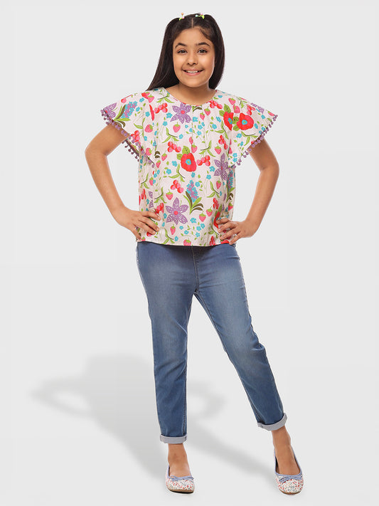 Girls Floral Print Cotton Top