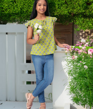 Girls Lemon Yellow Printed Cotton Top