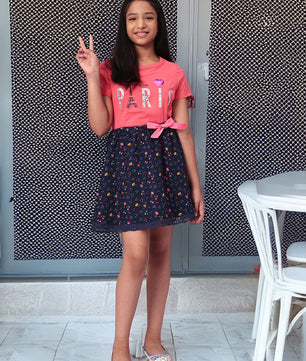 Girls Blue Printed Flared Skirt