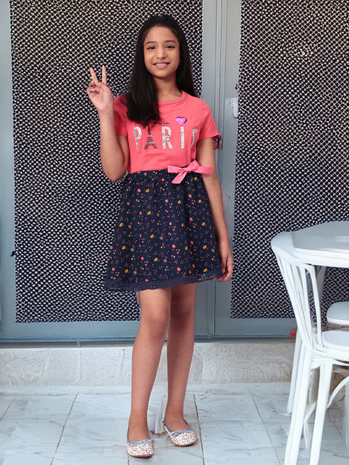 Girls Blue Printed Flared Skirt