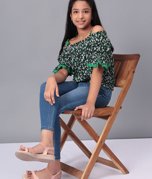 Girls Bardot Top in Green and Black Printed Rayon