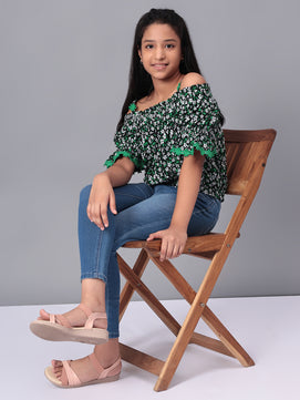 Girls Bardot Top in Green and Black Printed Rayon