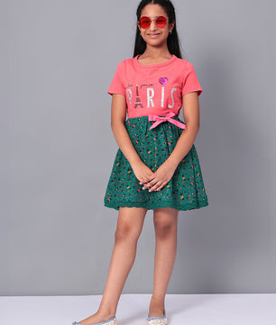 Girls Green Printed Flared Skirt