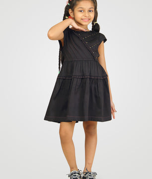 Girls Black Cotton Satin Dress