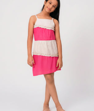 Girls Color Blocked Dress in Glazed Cotton