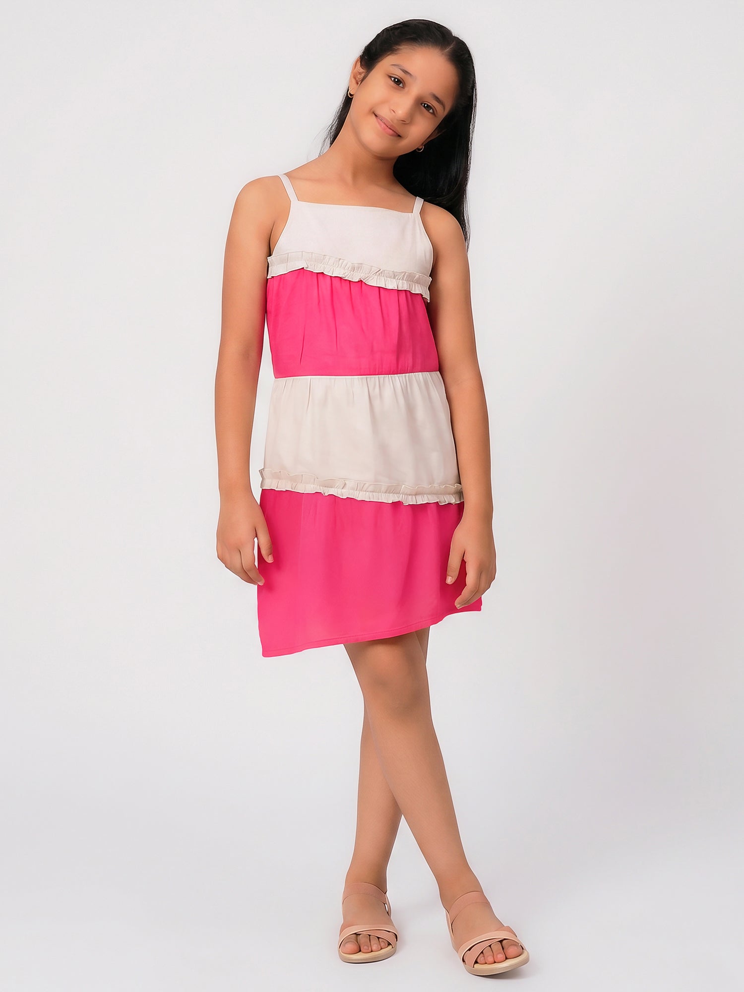 Girls Color Blocked Dress in Glazed Cotton