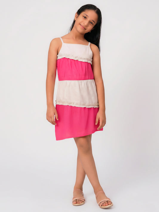 Girls Color Blocked Dress in Glazed Cotton