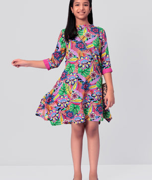 Girls Multicolored Printed Rayon Dress