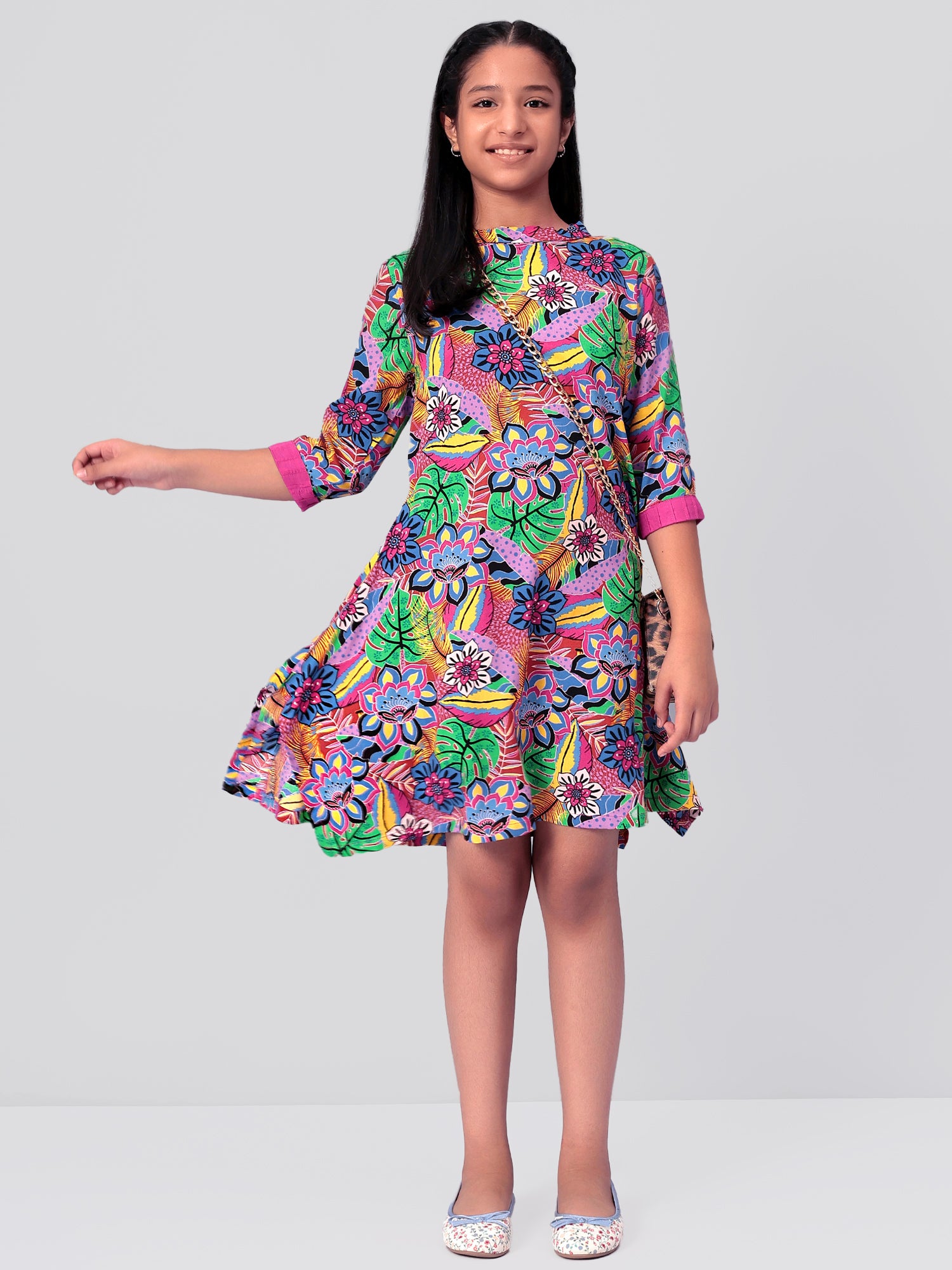 Girls Multicolored Printed Rayon Dress
